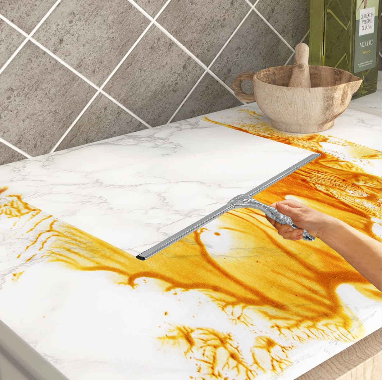 12" Silver Shower Squeegee with Hammered Handle & Waterproof Hook for Glass Doors, Silicone Bathroom Tile Wall and Car Window - Streak-Free Handheld Squeegee