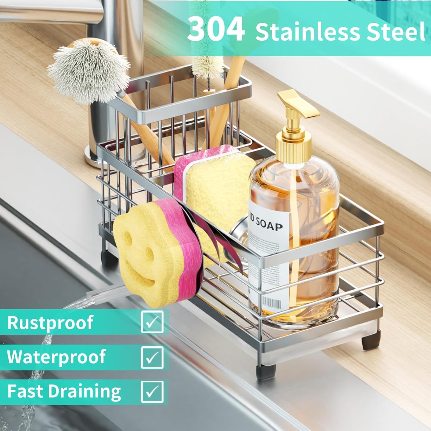 HapiRm Sponge Holder for Kitchen Sink - Self-draining Sink Caddy with Smiley Face and Brush Holder, Stainless Steel Kitchen Organizer for Countertop - Silver