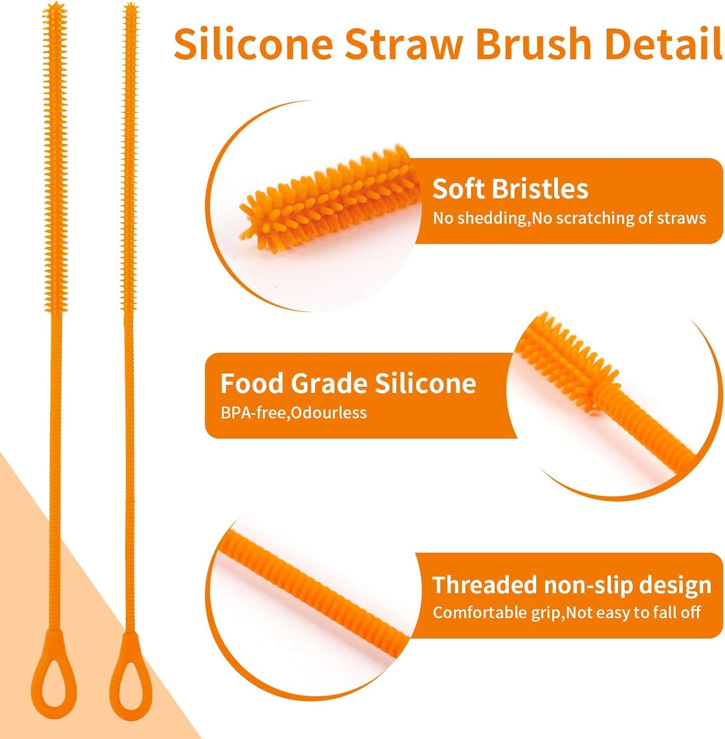 2Pcs Silicone Straw Cleaner Brush, 9.84in Reusable Straw Cleaner with Bendable Steel Core, Extra Long Soft Bottle Brush for Clearing Glass Straws, Smoothie Straws, 9mm&6mm (Orange)