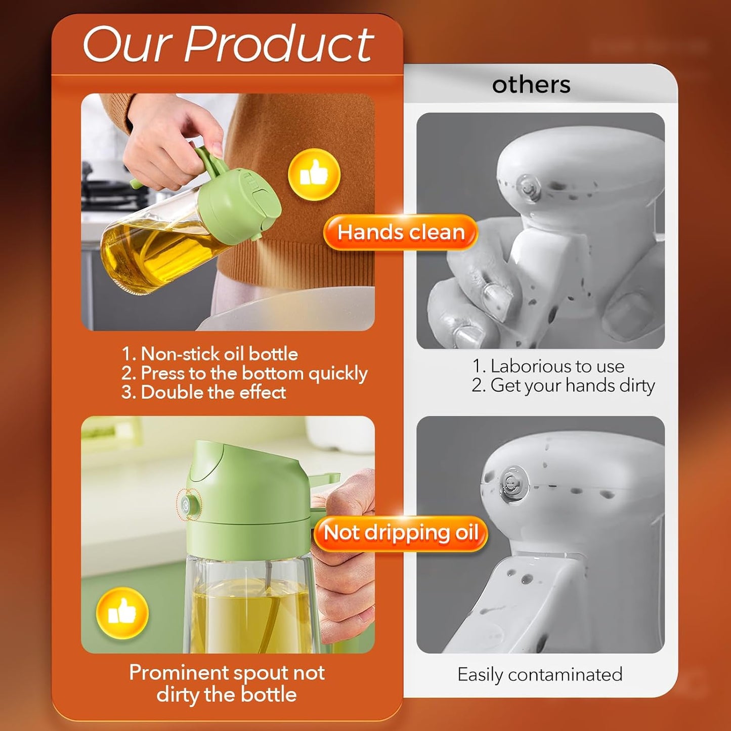 YARRAMATE 16oz/470ml Glass Olive Oil Sprayer for Cooking with Stickers, 2 in 1 Oil Dispenser for Kitchen Gadgets, Food Grade Premium Spray Bottle with Portion Control for Salad, Frying, BBQ (Green)