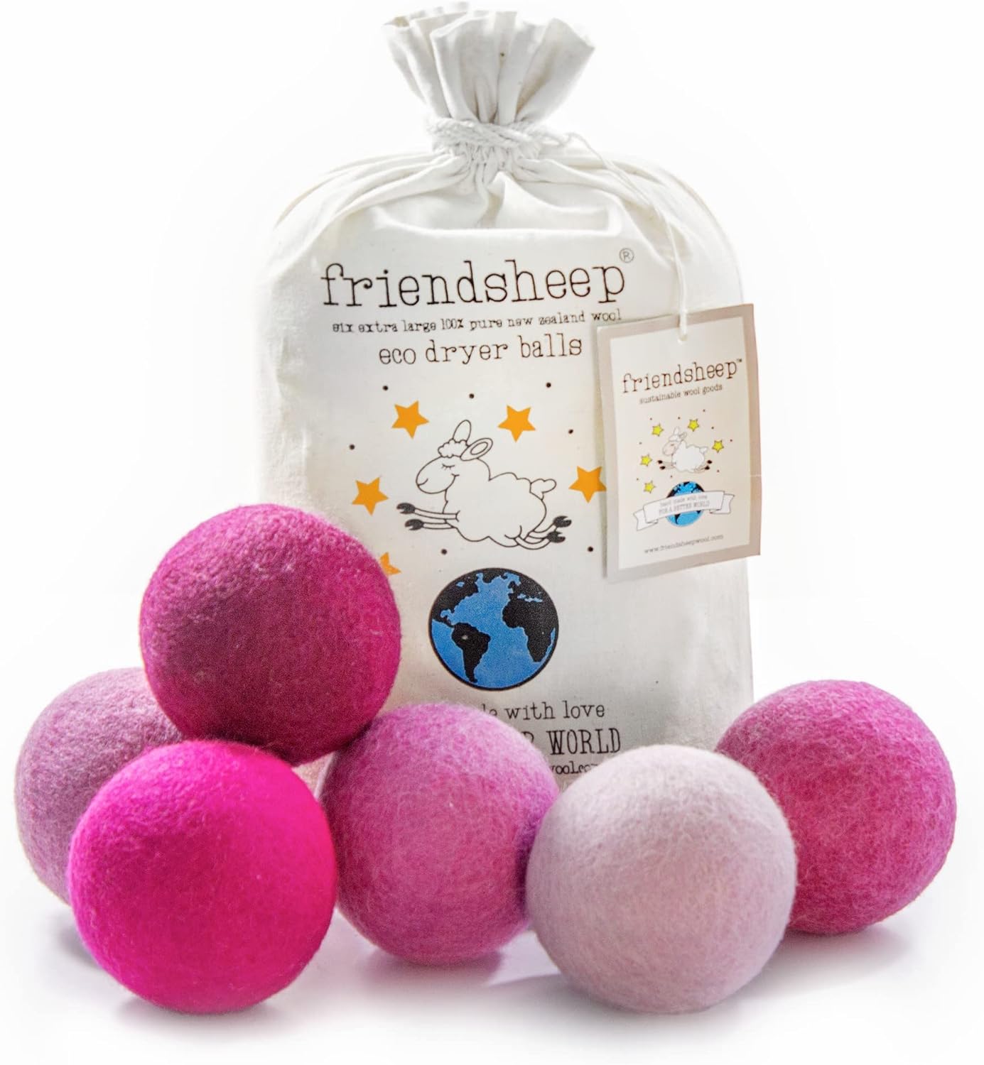 Friendsheep Wool Dryer Balls 6 Pack XL Organic Premium Reusable Cruelty Free Handmade Fair Trade No Lint Fabric Softener - Pink Valentine