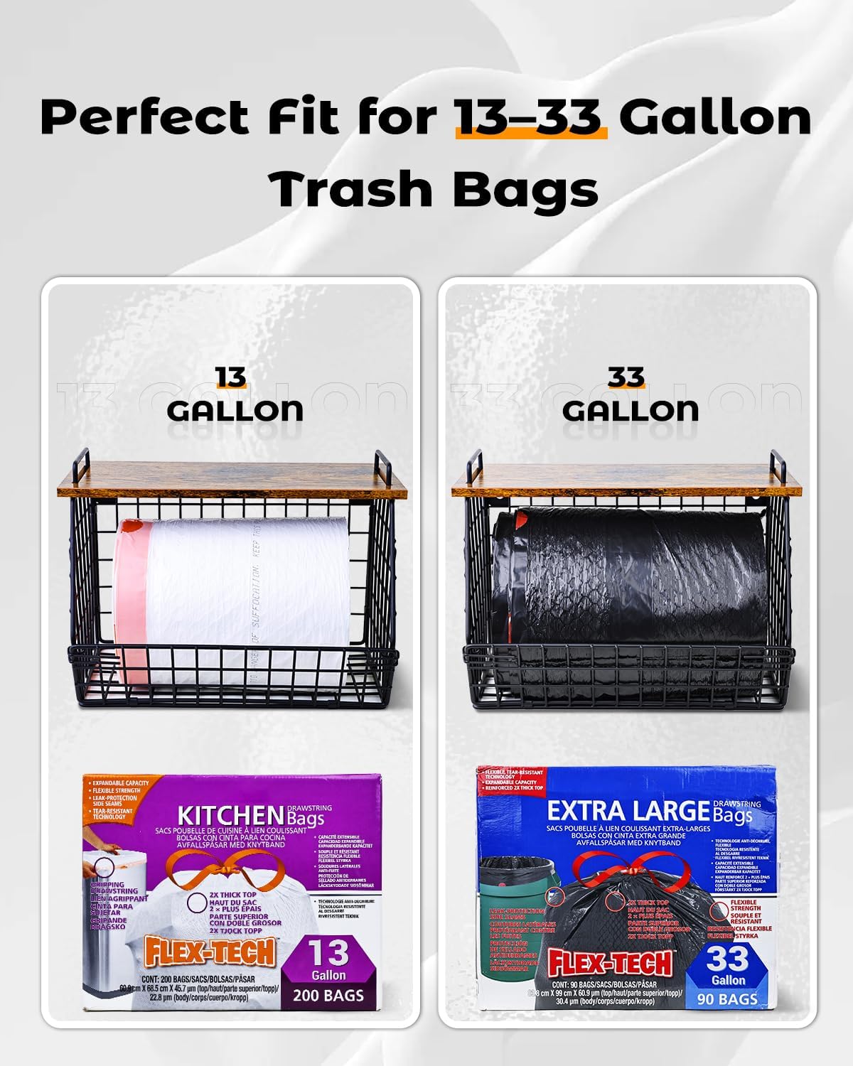 Extra Large Trash Bag Holder Under Sink, Wall Mounted Garbage Bag Dispenser Roll Holder for 13/33 Gallon Trash Bags, Kitchen/Pantry/Laundry Room Organization Basket Storage Bin, Tool-Free Assembly