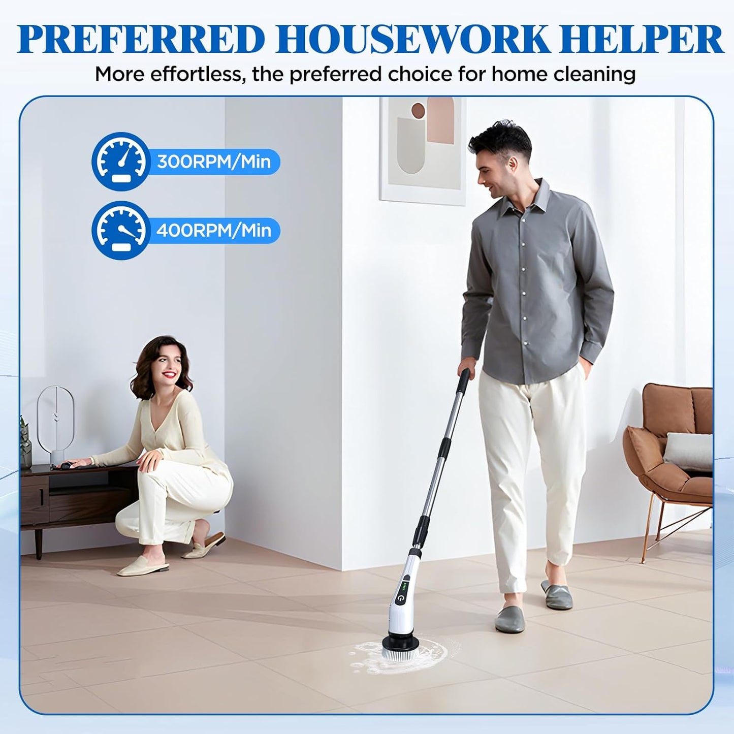 Electric Spin Scrubber, Cordless Bath Tub Power Scrubber with 8 Replaceable Drill Brush Heads, Shower Cleaning Brush with Adjustable Handle for Bathroom, Tile Floor & Car, White, (ANS-8050)