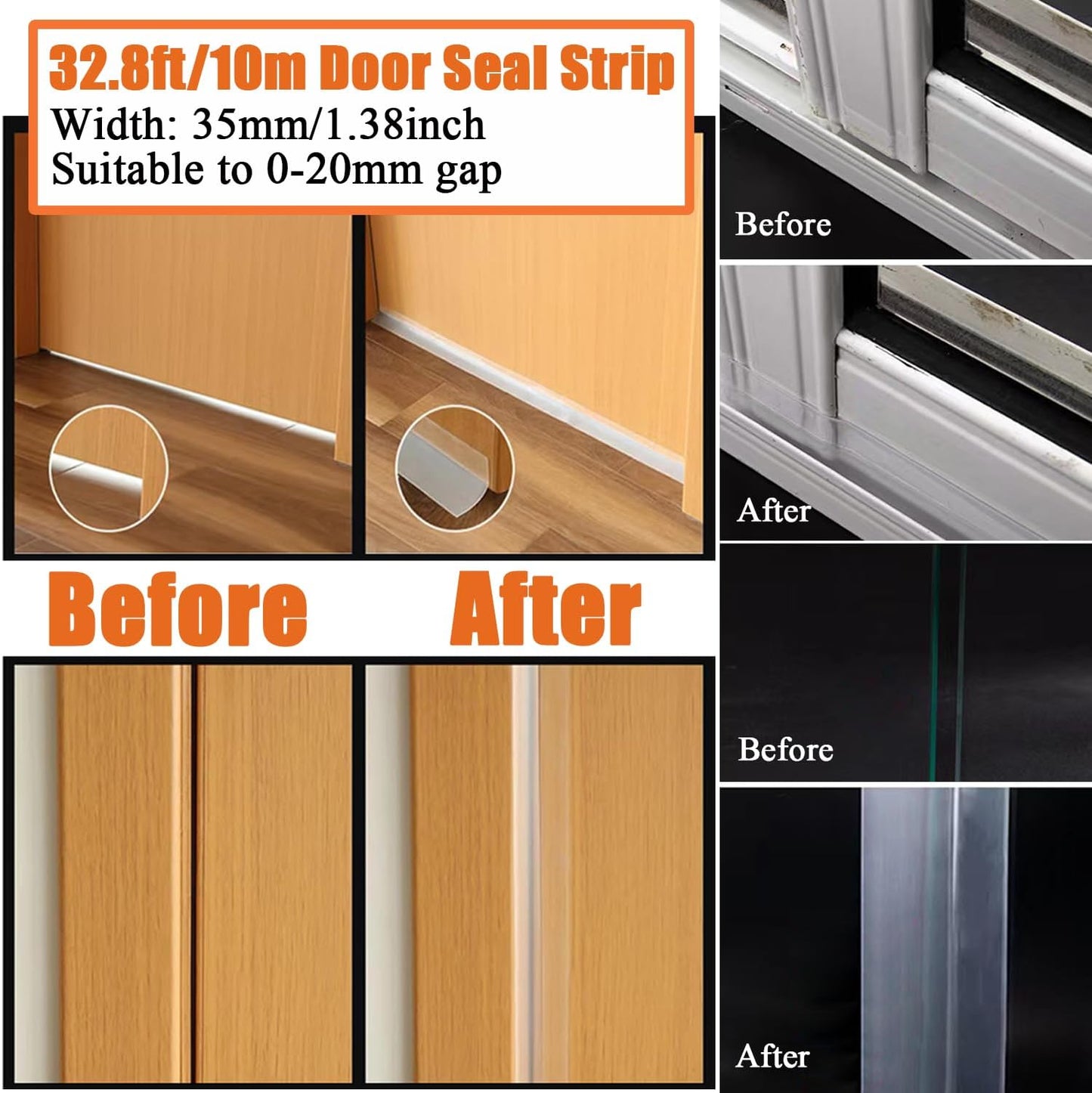 Upgraded 32.8FT Silicone Weather Stripping Door Seal, No Residue Glass Shower Door Seal Strip Under Door Draft Stopper Silicone Sealing Tape for Doors Windows Shower Glass Gap,Transparent,35MM