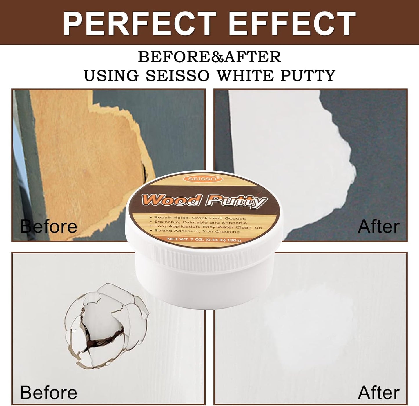 SEISSO Wood Putty, Water-Based Woods Filler, White Wooden Putty for Trim, Woods Filler Paintable, Stainable, Wooden Furniture Repair kit - Restore Wooden Table, Cabinet, Floors, Door