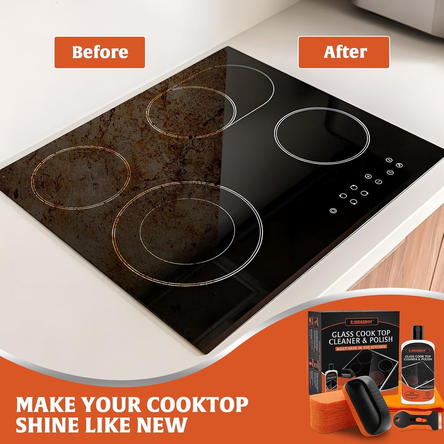 Glass Stove Top Cleaner Kit 12 oz, Cooktop Cleaner and Polish Non-Abrasive No Scratch Removes Tough Stains, with Scrubbing Pad, Handle, Scraper, Cloth