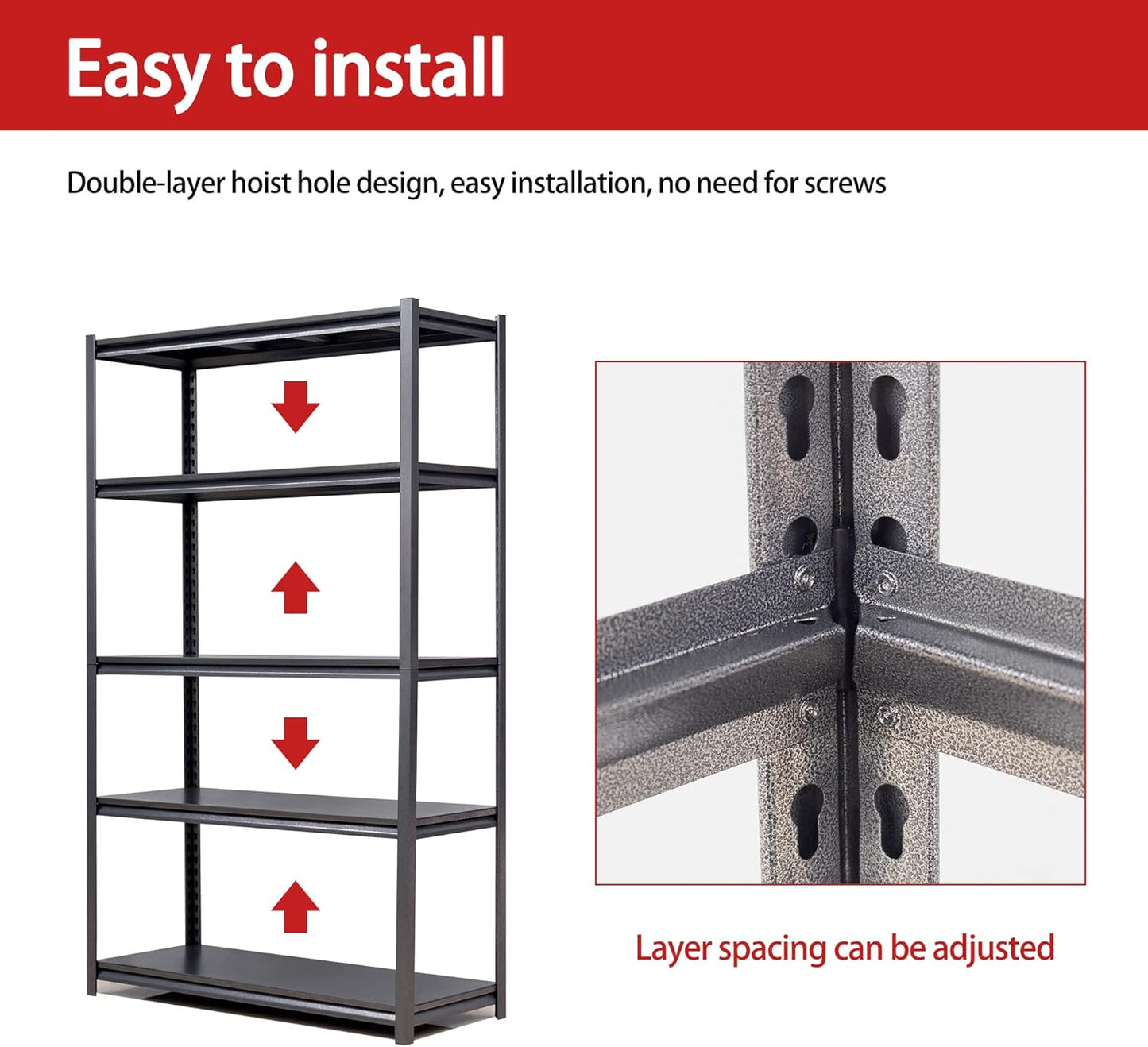 72" H Garage Shelving, Metal Storage Shelves, Adjustable 5 Tier Storage Rack, Heavy Duty Shelving, Industrial Utility Shelf for Garage, Warehouse, Bedroom, Kitchen, 24" D×48" W×72" H, Black