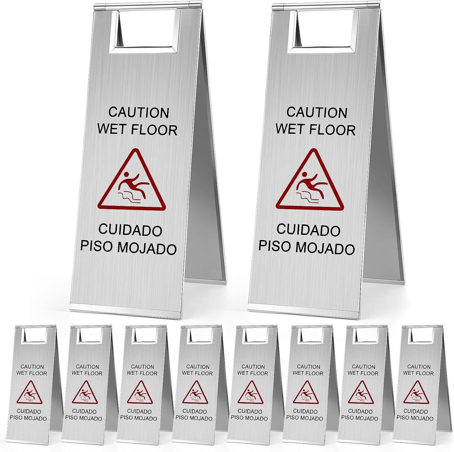 8 Pcs 24 Inch Stainless Steel Wet Floor Sign 8.8 Pound Caution Wet Floor Sign Bulk Double Sided Portable Foldable Bilingual Safety Warning for Kitchen Restaurant Restroom Avoid Fall (Silver)