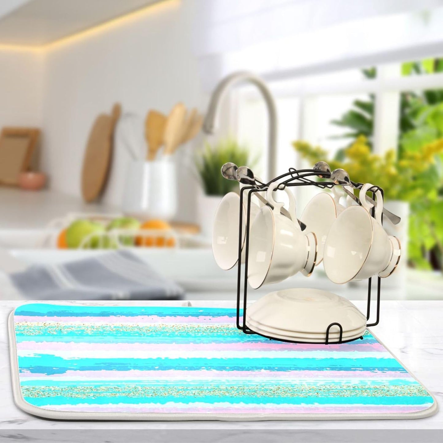 Turquoise Stripe Dish Drying Mat for Kitchen Countertop 16x18 Rectangle Teal Aqua Small Drying Mat Reusable Quick Dry Dish Sink Absorbent Mats Dishwasher Easy Clean Decorative Home Decor Essentials