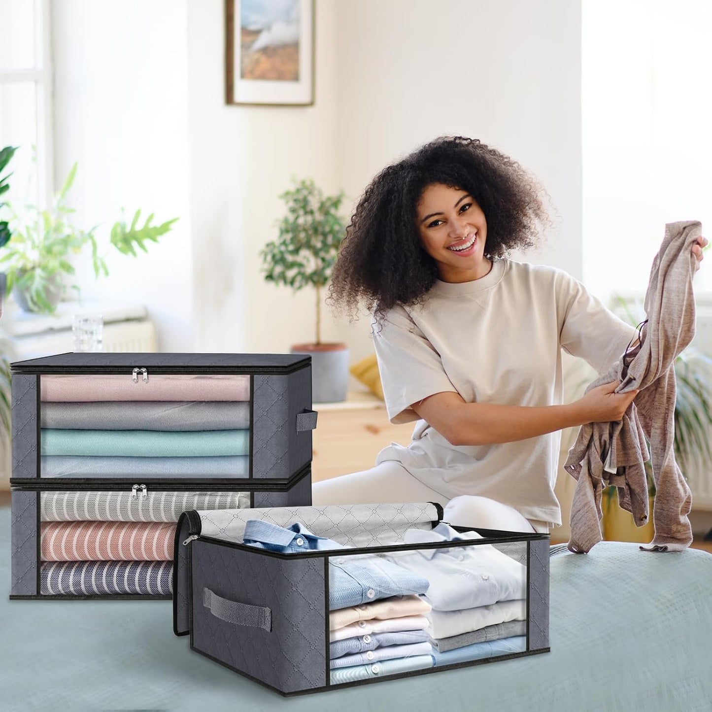 HomeHacks Storage 10-Pack Clothes Organizer Storage Bags Foldable Storage Box with Large Clear Window Sturdy Handles for Closet, Dorm, Pillows, Bedding, Clothes, Blankets, 35L, Grey