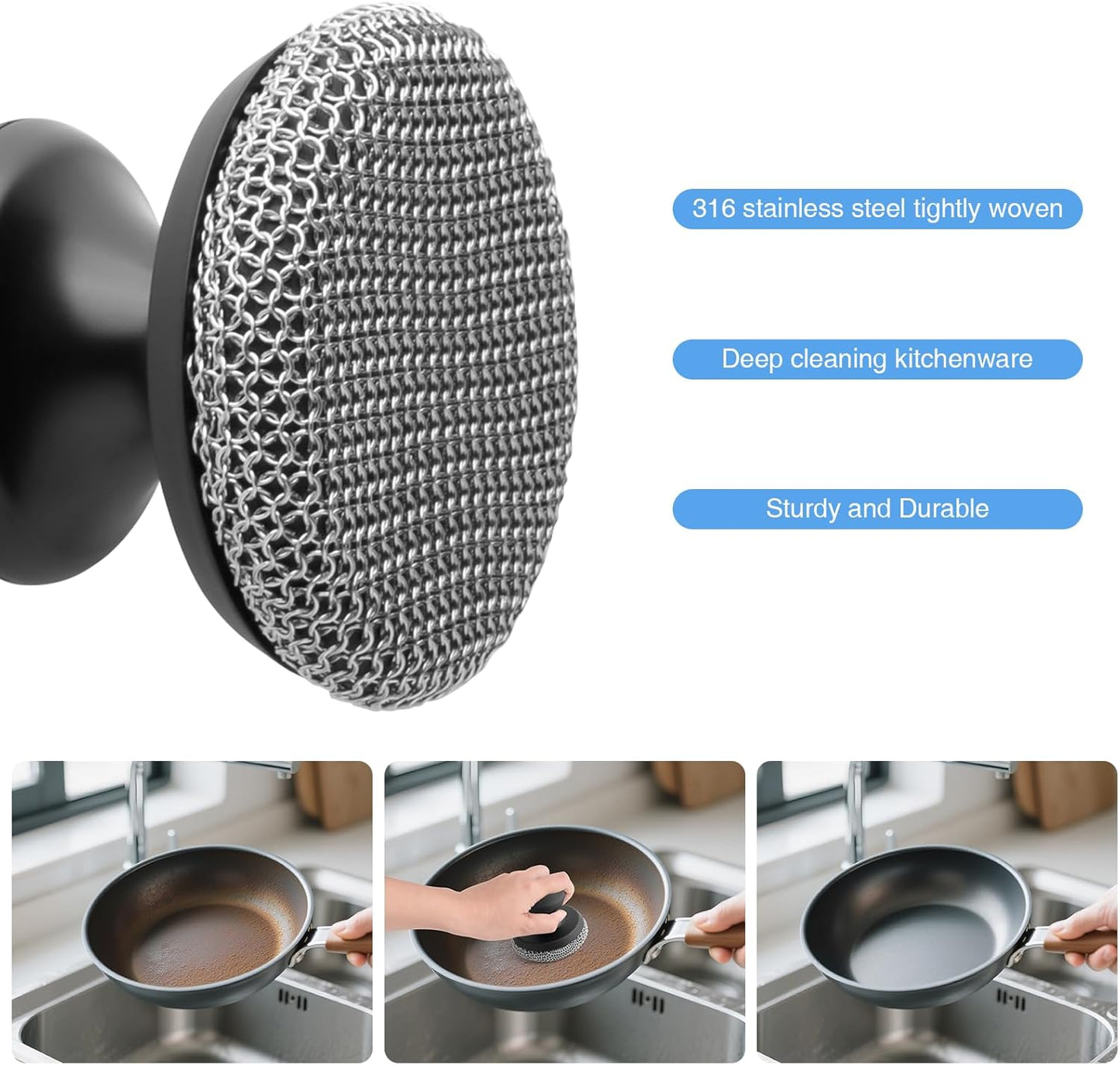 Cast Iron Scrubber Cleaner, Chainmail Scrubber for Cast Iron Pan Skillet, Dish Scouring Pad, Stainless Steel Brush/Scraper for Metal Skillet Scrubbing, Wok, Dutch Oven Cleaning Kit - Thin Mesh