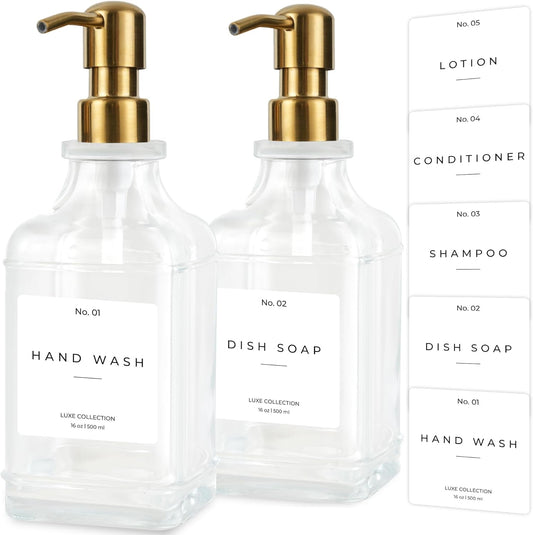 Emerson Essentials Soap Dispenser, Dish Soap Dispenser, Soap Dispenser Bathroom Set, Hand Soap Dispenser, Kitchen Soap Dispenser Set, Glass Soap Dispenser with Pump and Labels | 16 Oz, 2-Pack