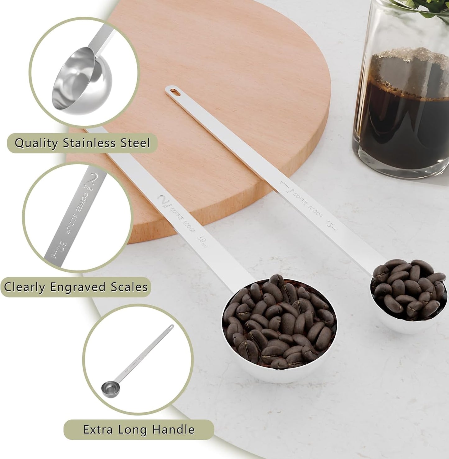 2PCS 1 Tablespoon Coffee Scoop, 9" Long Handle Measuring Spoon, One tbsp (15 ml) Stainless Steel Scooper