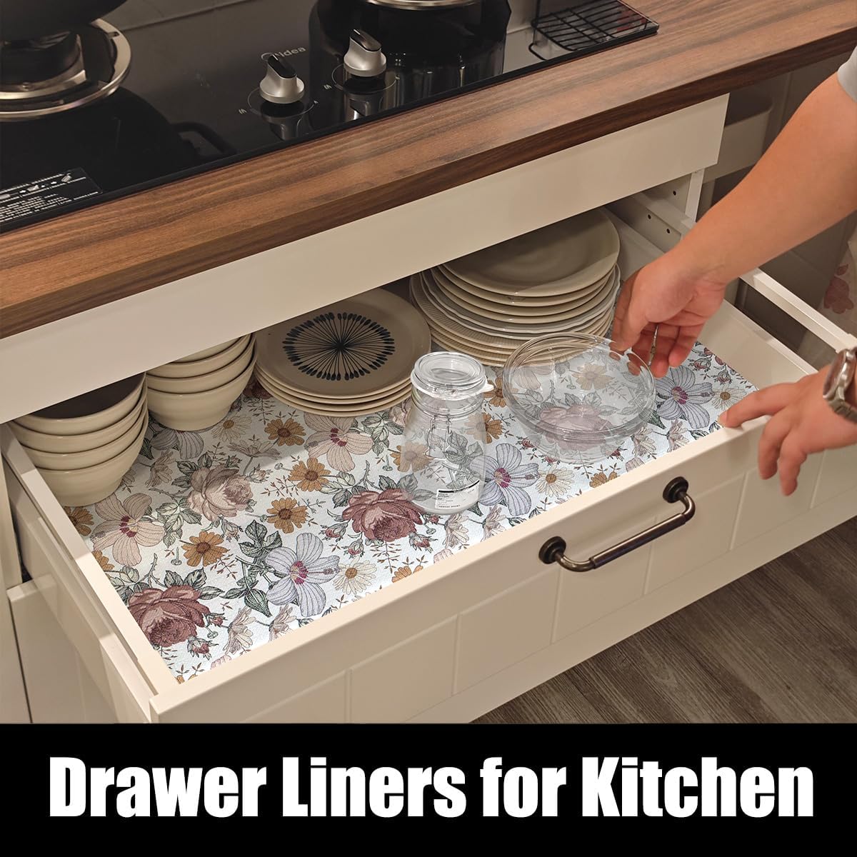 Floral Drawer Shelf Liners, 12IN x 20FT Non Adhesive and Strong Non-Slip Cabinet Drawer Shelf Liners for Kitchen Wire Fridge, Waterproof Shelf Liner,Easy to Clean