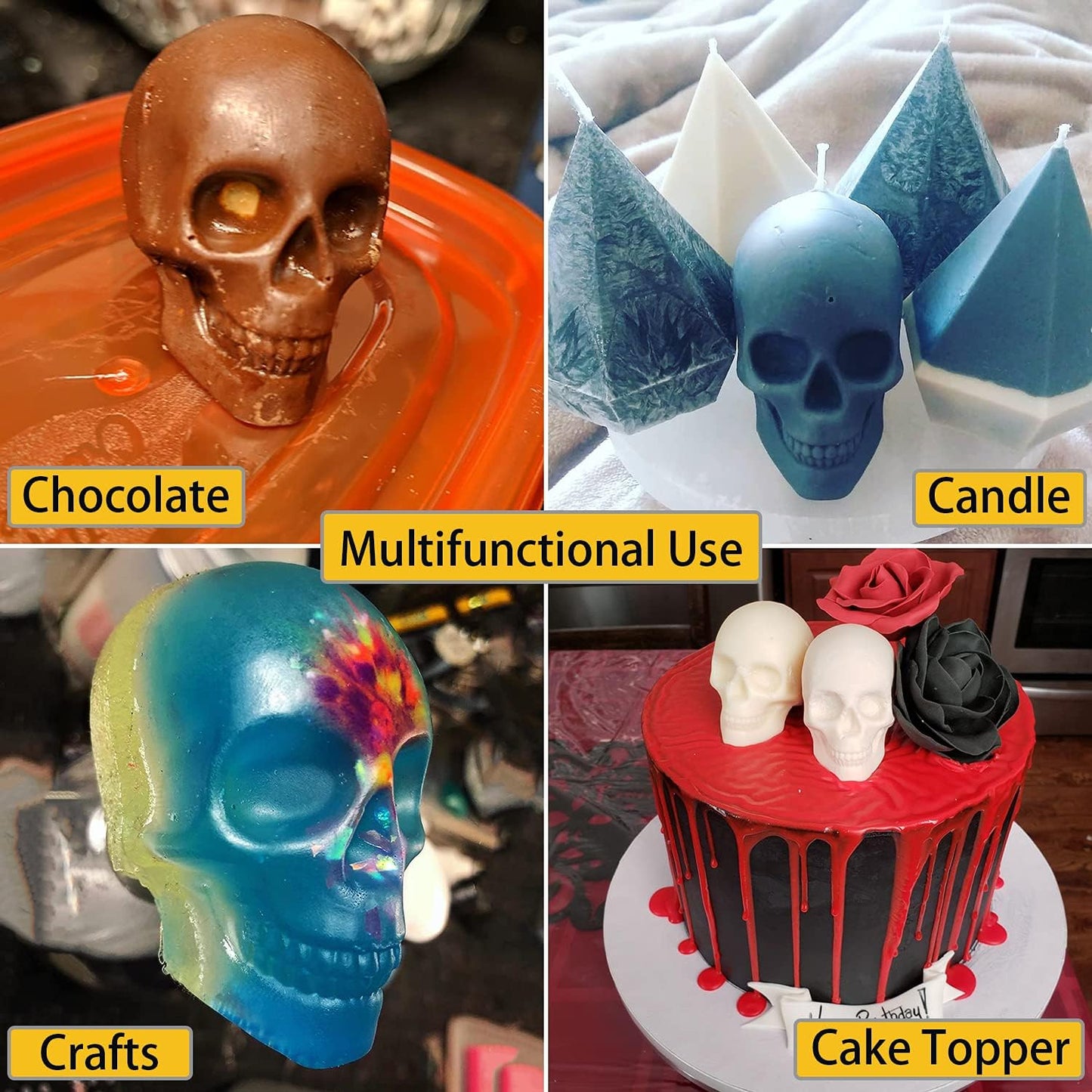 JETKONG Large Skull Ice Mold - 4 Cavity Silicone Skull Ice Maker - Ice Cube Tray for Whiskey, Bourbon, Cocktails and Juice