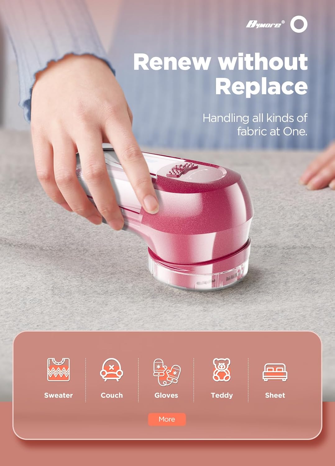 Fabric Shaver, Lint Remover, Bymore Lint Shaver Defuzzer Sweater Shaver for Clothes and Furniture AC Adapter or Battery Operated Pill Fuzz Remover (Bright Red)