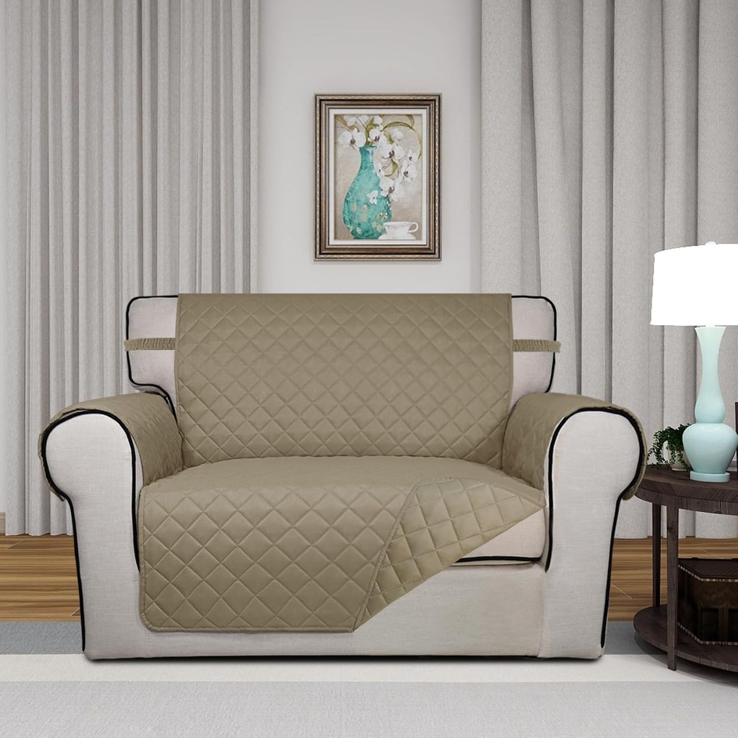 PureFit Reversible Quilted Sofa Cover, Water Resistant Slipcover Furniture Protector, Washable Couch Cover with Non Slip and Elastic Straps for Kids, Dogs, Pets (Oversized Chair, Beige/Beige)