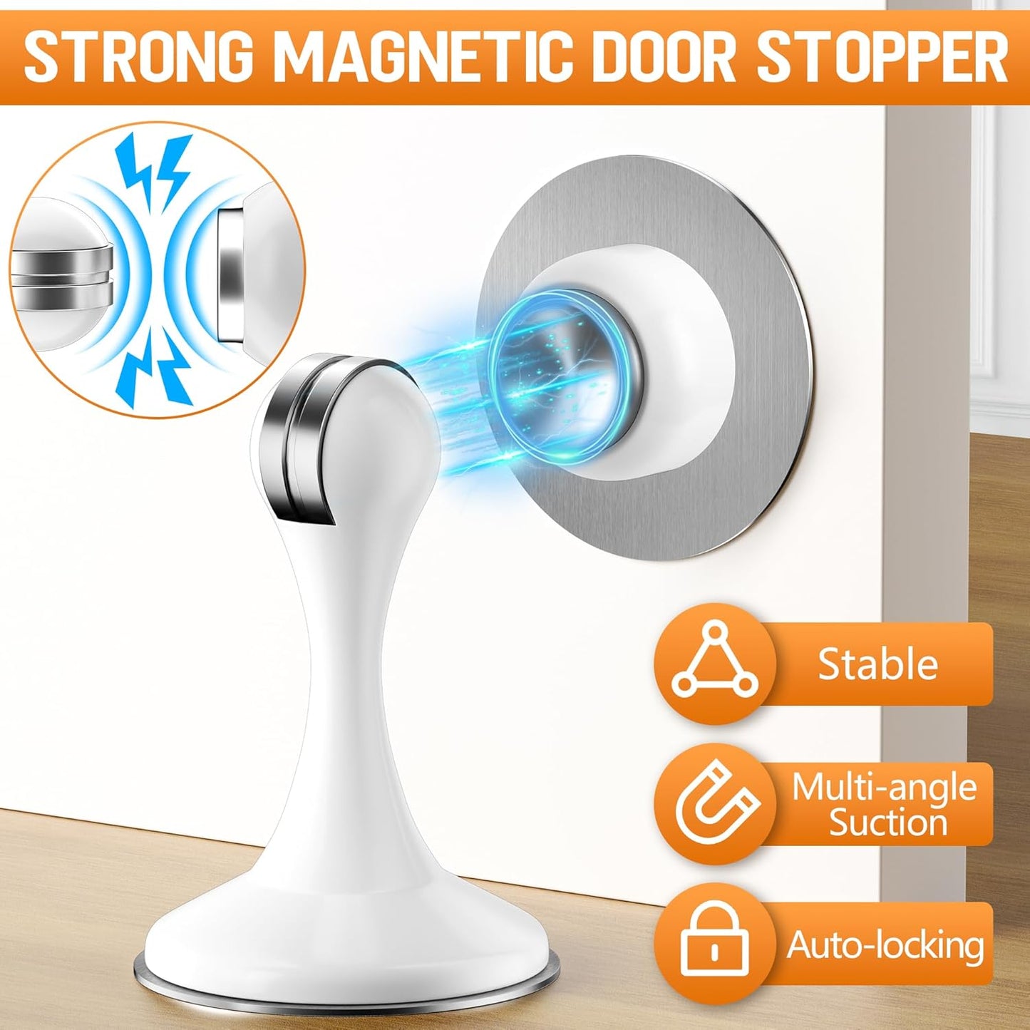 Crosize Magnetic Door Stoppers 6 Pack, Stainless Steel Door Catch for Wall and Floor Mounting, Door Holder Keep Door Open, No Drilling Door Stop with Adhesive Tapes, White