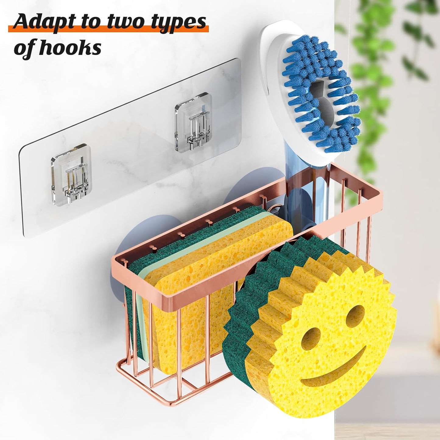 Sponge Holder Smiley Face,Sink Caddy for Kitchen Sink,Sponge Holder with 2 PCS Suction Cups/1 PCS Adhesive Strips,Designed for Sponge,Soap,Dish Brush,Scrubber-Rose Gold