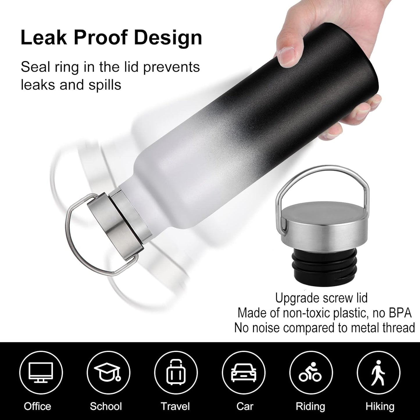 Neihepal 20 oz Insulated Water Bottles Bulk 2 Pack,Stainless Steel Double Wall Sport Bottle with Lid of Handle,Metal Reusable Thermoses Flask for School,Cyclists,Hikers,Gift (White-Black,Set of 2)