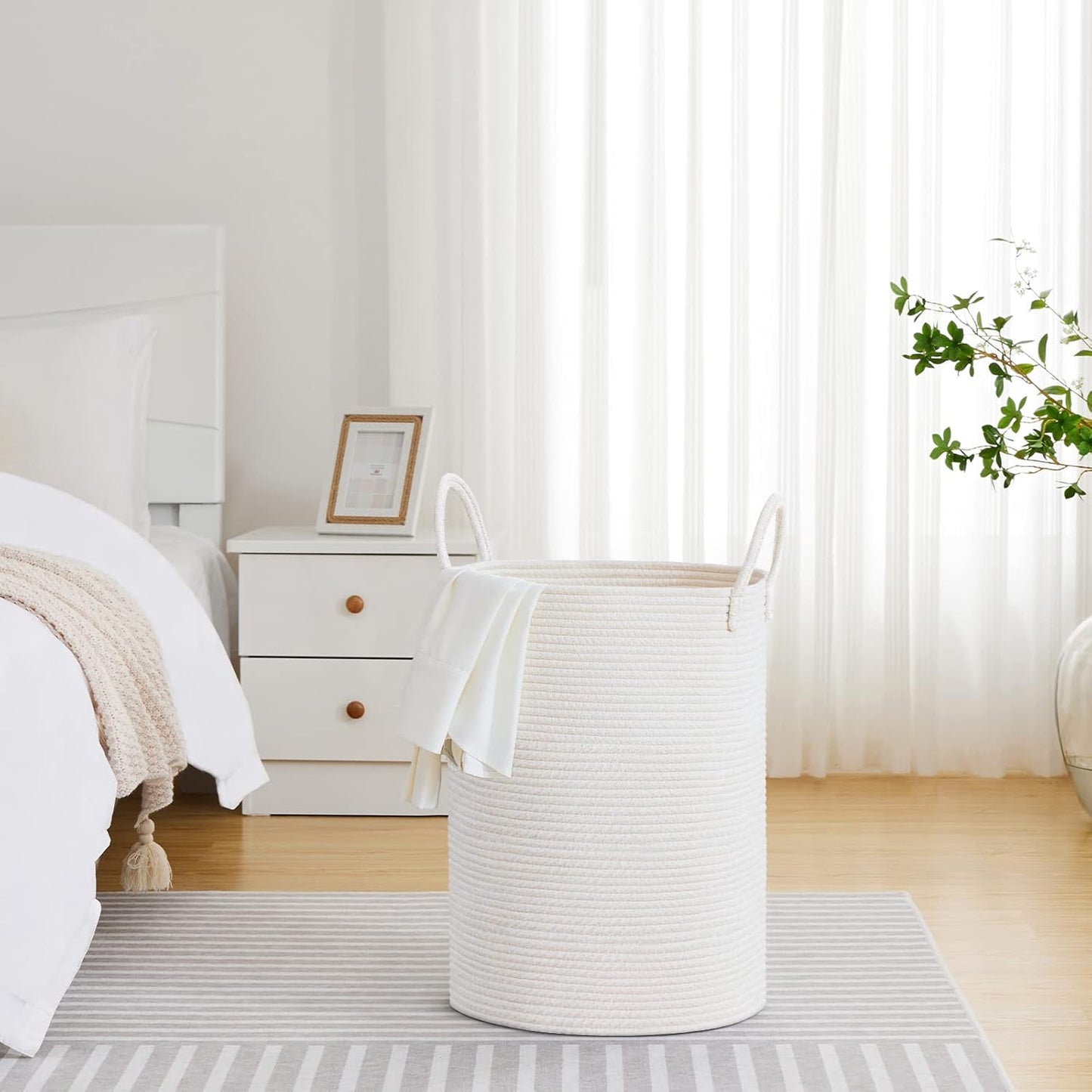 VIPOSCO Large Laundry Hamper, Tall Woven Rope Storage Basket for Blanket, Toys, Dirty Clothes in Living Room, Bathroom, Bedroom - 72L White