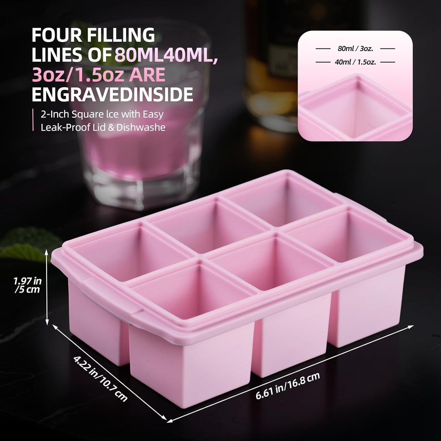 Large Ice Cube Trays for Whiskey (2 Pack) - Silicone Ice Cube Molds with Steel Frame Reinforcement & Lid, 2-Inch Square Ice Cubes for Whisky, Cocktails, Coffee, Tea - Easy Release