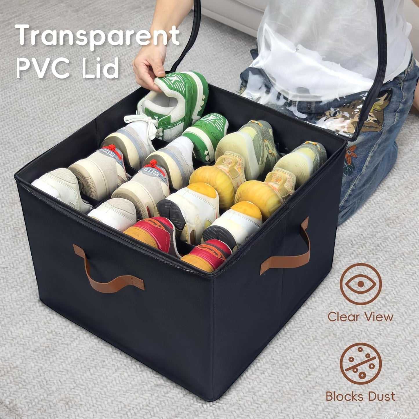 Shoe Organizer Box 2 Pack, Shoe Storage Organizer with Clear Cover, Adjustable Dividers Fits 16-32 Pairs, Fabric Shoe Organizer for Closet, Black