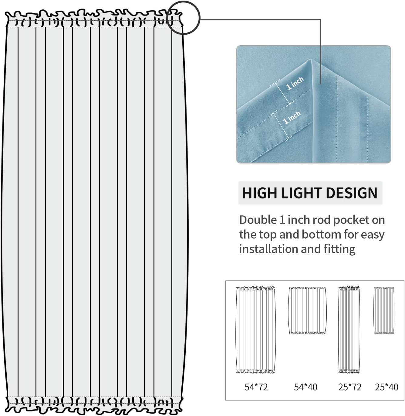 DWCN French Door Curtains – Rod Pocket Thermal Blackout Curtain for Doors with Glass Window, Kitchen and Patio Doors for Privacy, 25 X 72 Inches Long, 1 Curtain Panel with Tieback, Light Blue