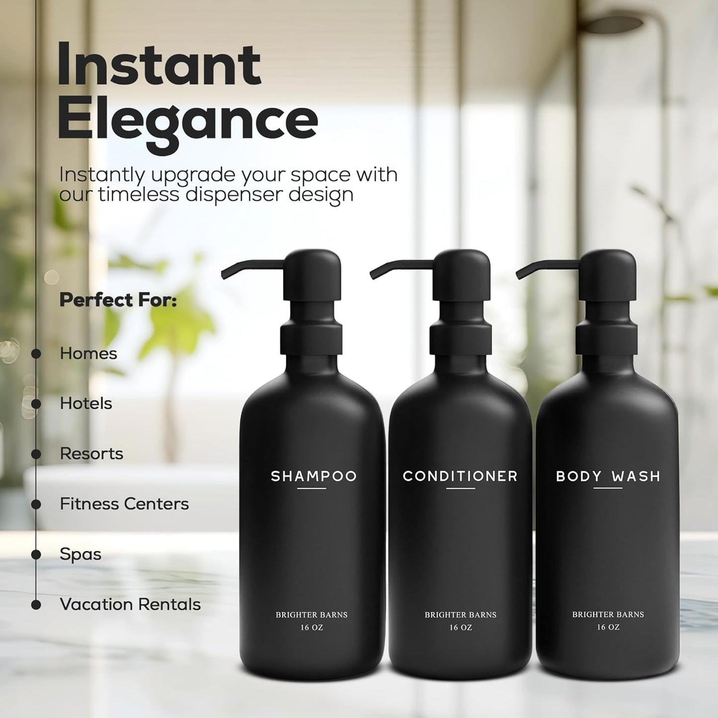Black Shampoo and Conditioner Dispenser Set by Brighter Barns - Refillable Plastic Shower Soap Dispensers for Bathroom - Body Wash & Shampoo Bottles - Modern Bathroom Decor for Hotel, Airbnb (Black)