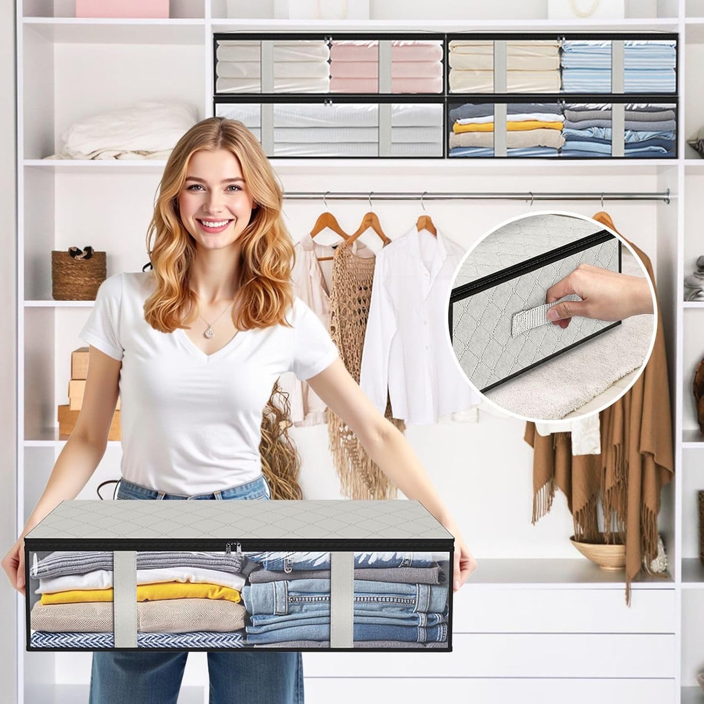 StorageRight Under Bed Storage Bins, 2-Pack 40L Foldable Fabric Storage Bags with Transparent Window, Breathable Organizer for Clothes/Blanket/Comforter/Quilt, White