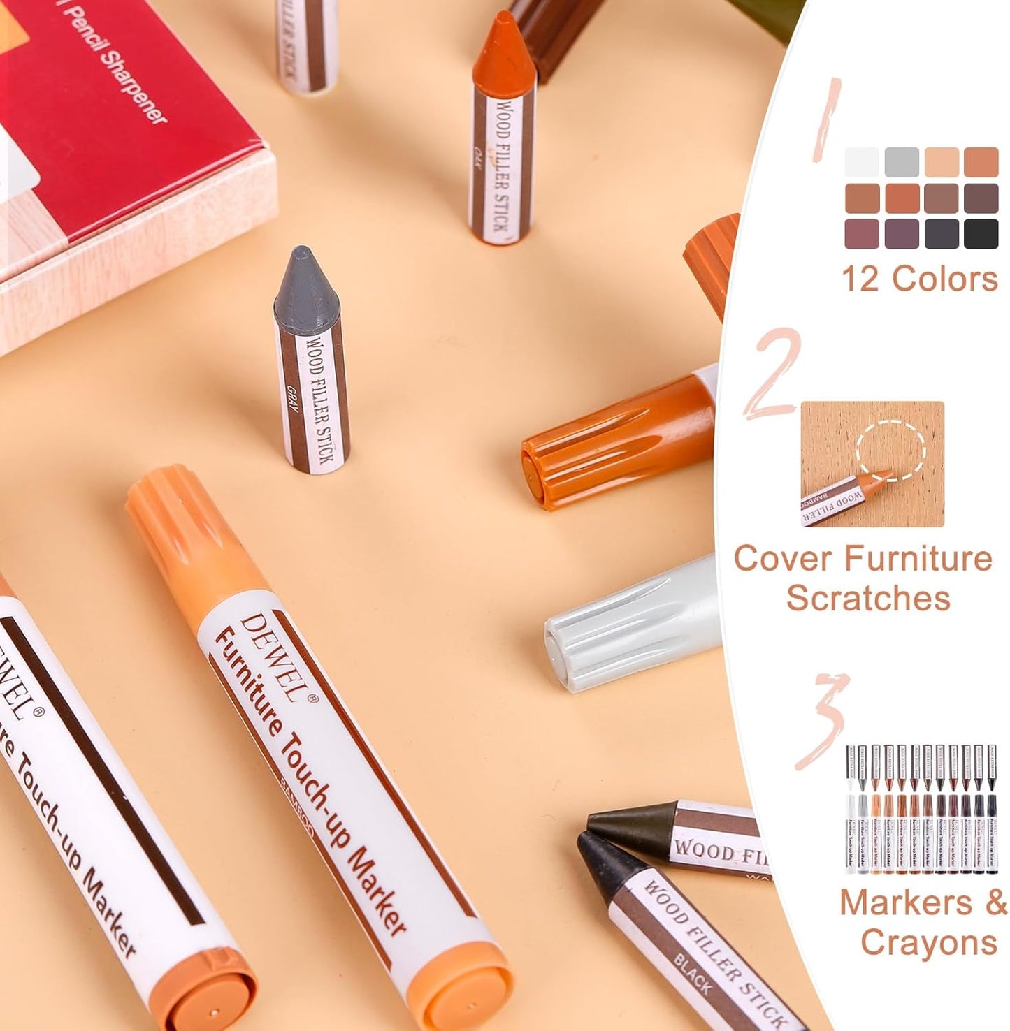 DEWEL Wood Furniture Markers & Filler Sticks Repair Kit, New Improved 12 Colors Touch Up Markers and Crayons - Covering Damaged Wooden Surfaces and Floors, for Pets Scratches, Stains, Cracks and Dents