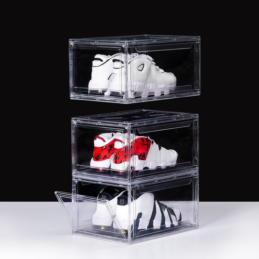 3 Pack Acrylic Shoe Boxes, Ultra Clear Shoe Boxes Stackable, Shoe Storage Box Sneaker Storage for Sneakerhead, Foldable Shoe Organizer with Magnetic Door, Professional Shoe Display Fits US Size 15
