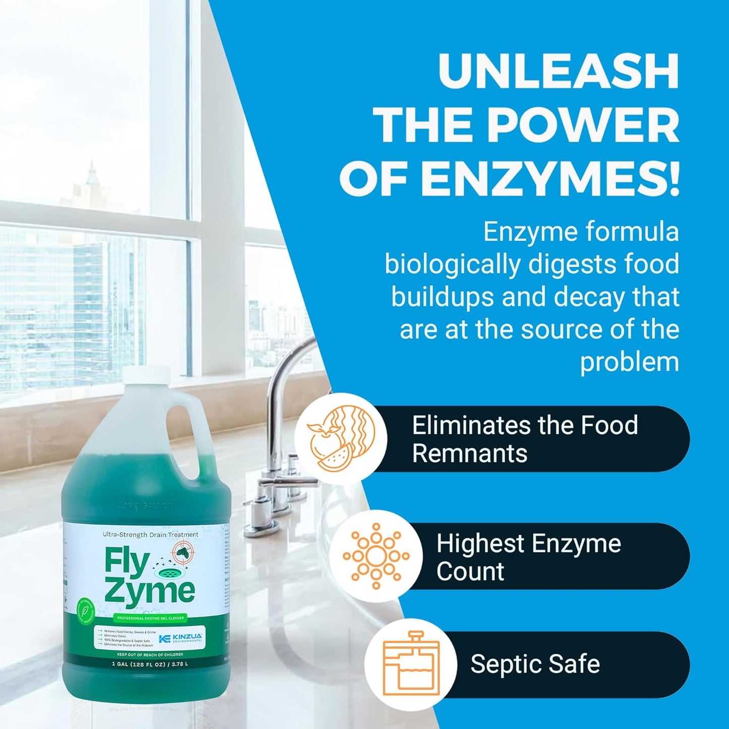 Kinzua Environmental Fly-Zyme, Highly Concentrated Enzyme Drain Cleaner for Pipes, Drain Gel for Fruit Flies, Organic Waste Degrader & Odor Neutralizer, 1 Gallon