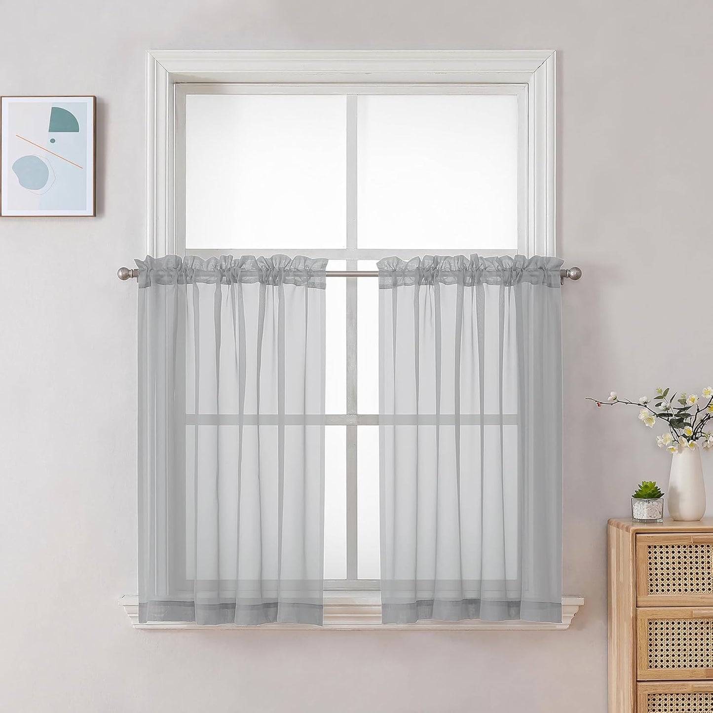 Chyhomenyc Light Grey Sheer Curtains 30 inch Length 2 Panels, Light Filtering Voile Rod Pocket Short Window Curtians for Bathroom Living Room Farmhouse Small Windows, 42Wx30L inches