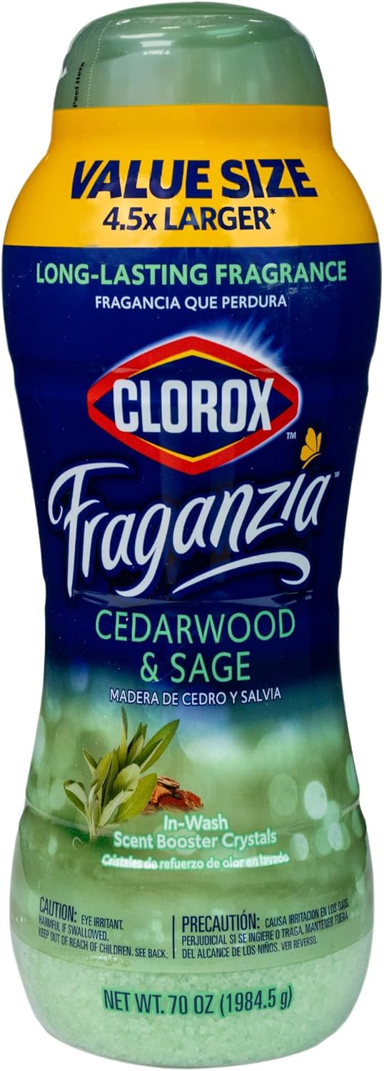 Clorox Fraganzia Laundry Scent Booster Crystals in Cedarwood & Sage Scent - Scented In-Wash Freshener Beads for Fresh, Clean, Great Smelling Clothes and Linens, 70 Oz
