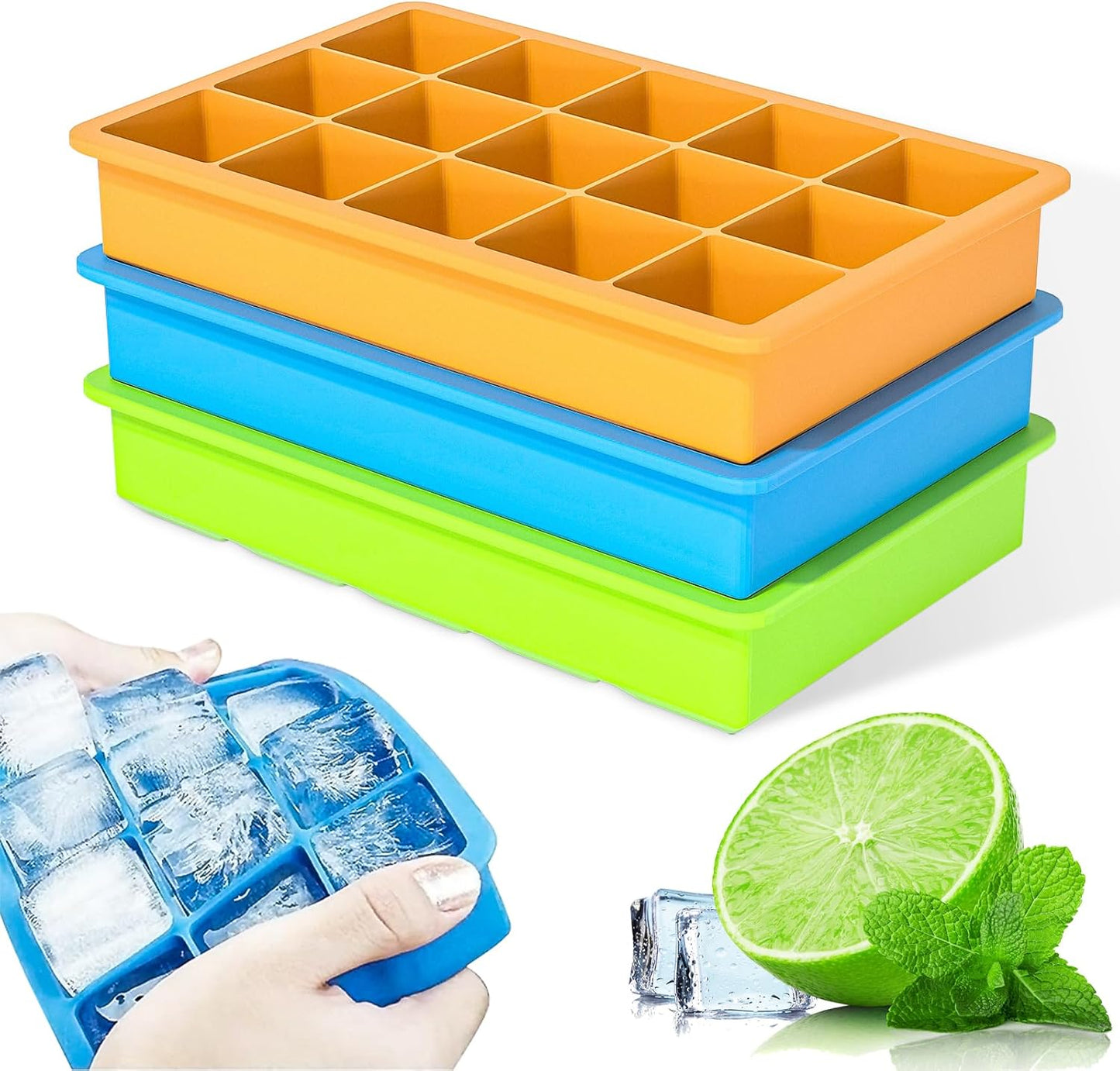 Ice Cube Tray, 3 Pack Silicone Ice Tray Easy-Release Flexible 15 Ice Cube Molds, Stackable Ice Trays for Freezer, Ice Cube Size 1.2 IN for Cocktail, Whiskey, Juice, Baby Food, BPA Free