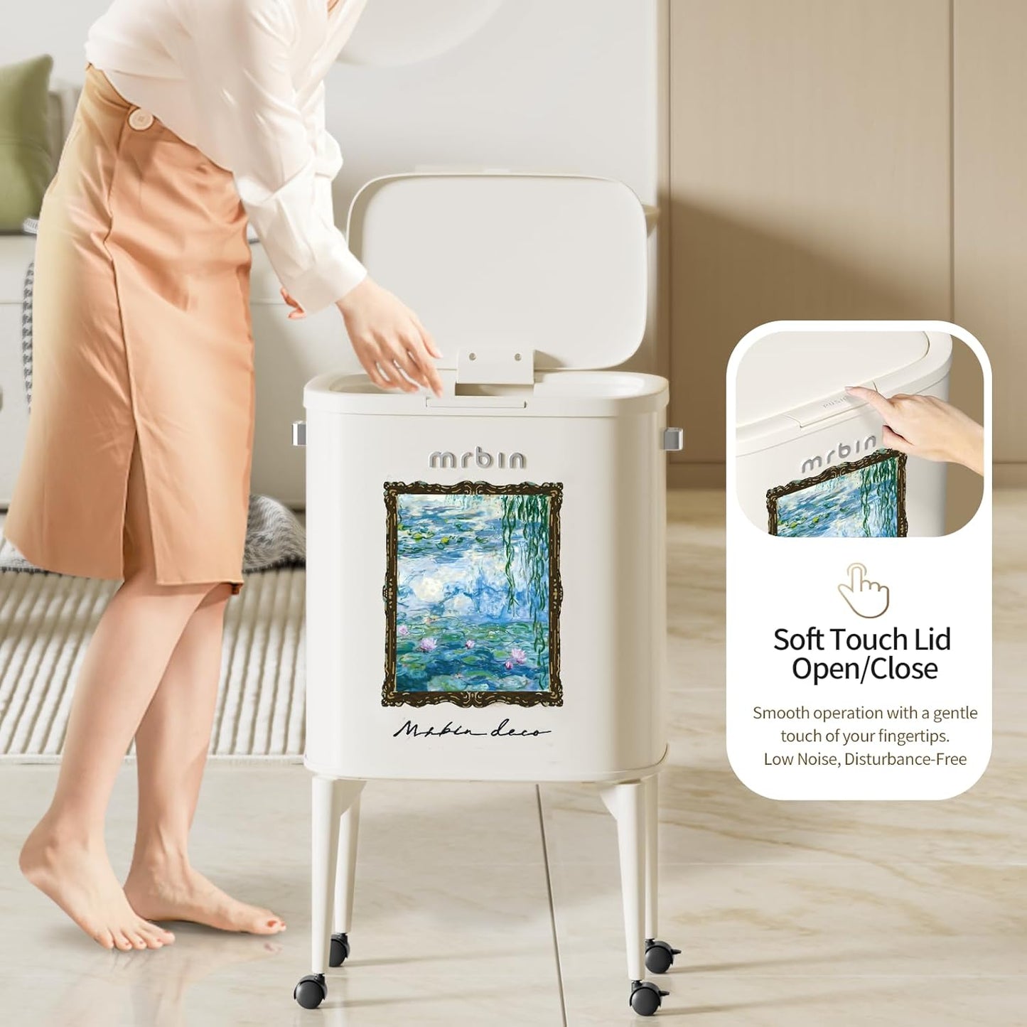 MRBIN Metal Kitchen Trash Can with Wheel Legs, 36L / 9.5gal Medium Press Lid Slim Removable Waste Basket, Pet Proof Tall Narrow Garbage Pail for Vanity, Bedroom, Bathroom, Living Room, Water Lily