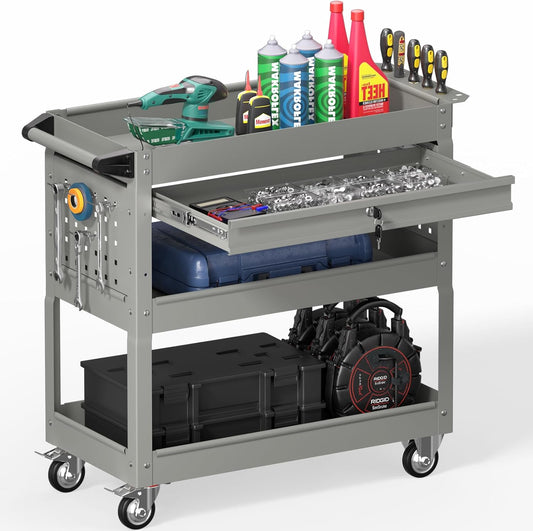 3 Tier Rolling Tool Cart on Wheels, Heavy Duty Industrial Utility Cart Service Cart with Drawer and Screwdriver Rack Pegboard, 550 LBS Mobile Tool Storage Organizer for Workshop, Garage(Gray)