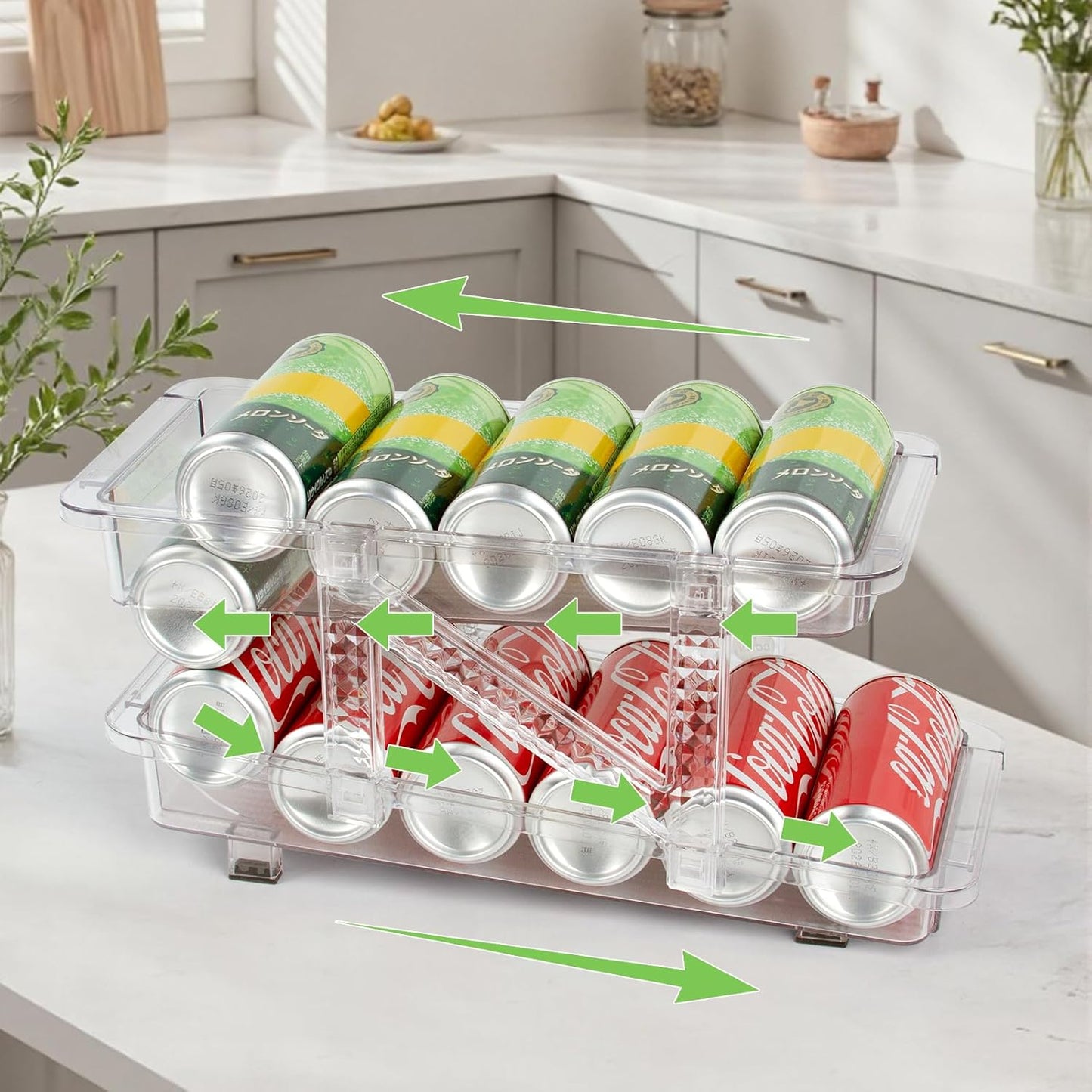 2 Pack Drink Organizer for Refrigerator, Soda Can Dispenser, Adjustable Width Canned Food Pop Cans Container Beverage Holder for Fridge Organizing, Clear Plastic Storage Bins