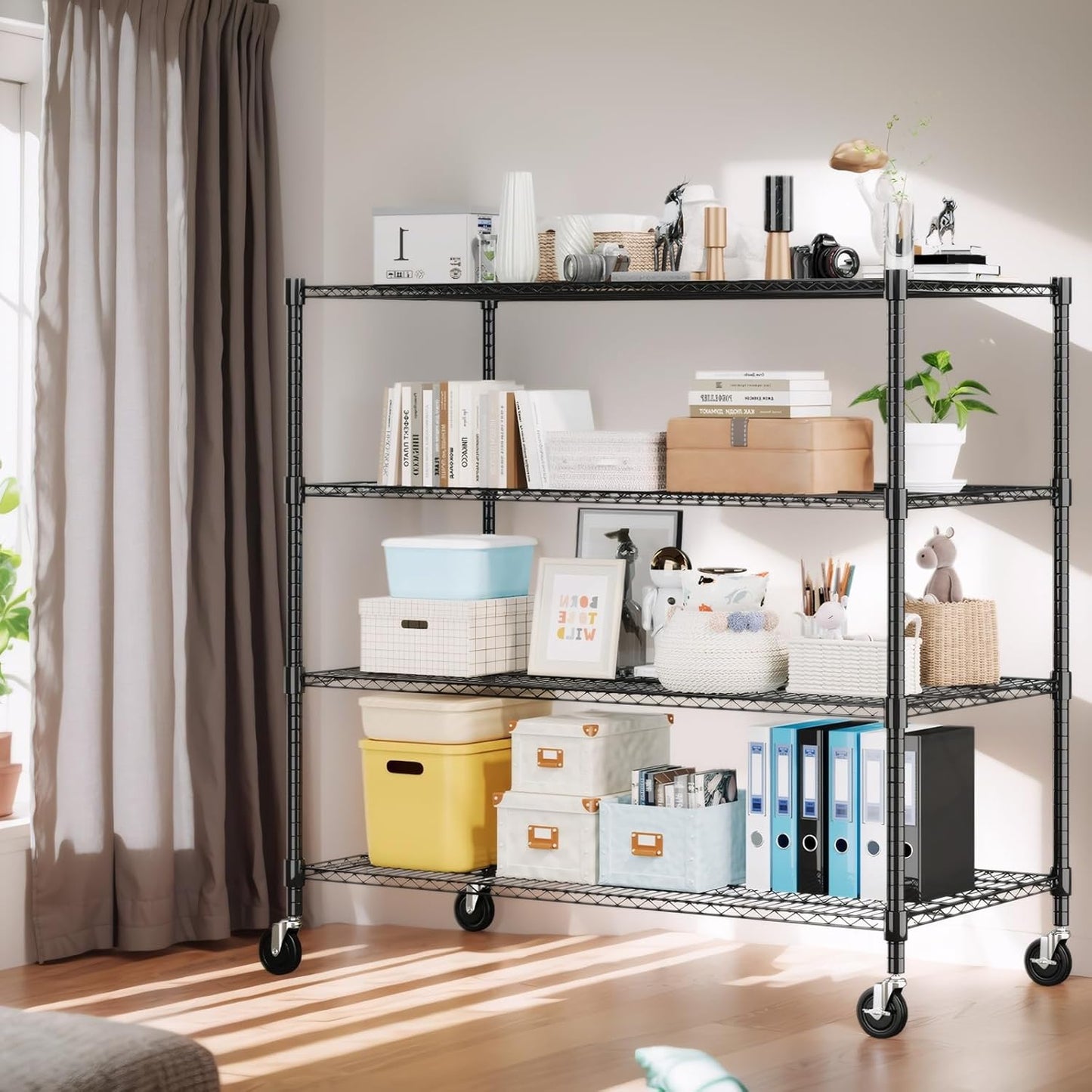 Himimi 4 Tier Wire Shelving with Wheels Heavy Duty Height Adjustable Metal Shelves for Storage, Commercial Grade Steel Utility Wire Rack for Kitchen Garage Pantry Organization-24×48×72, Black