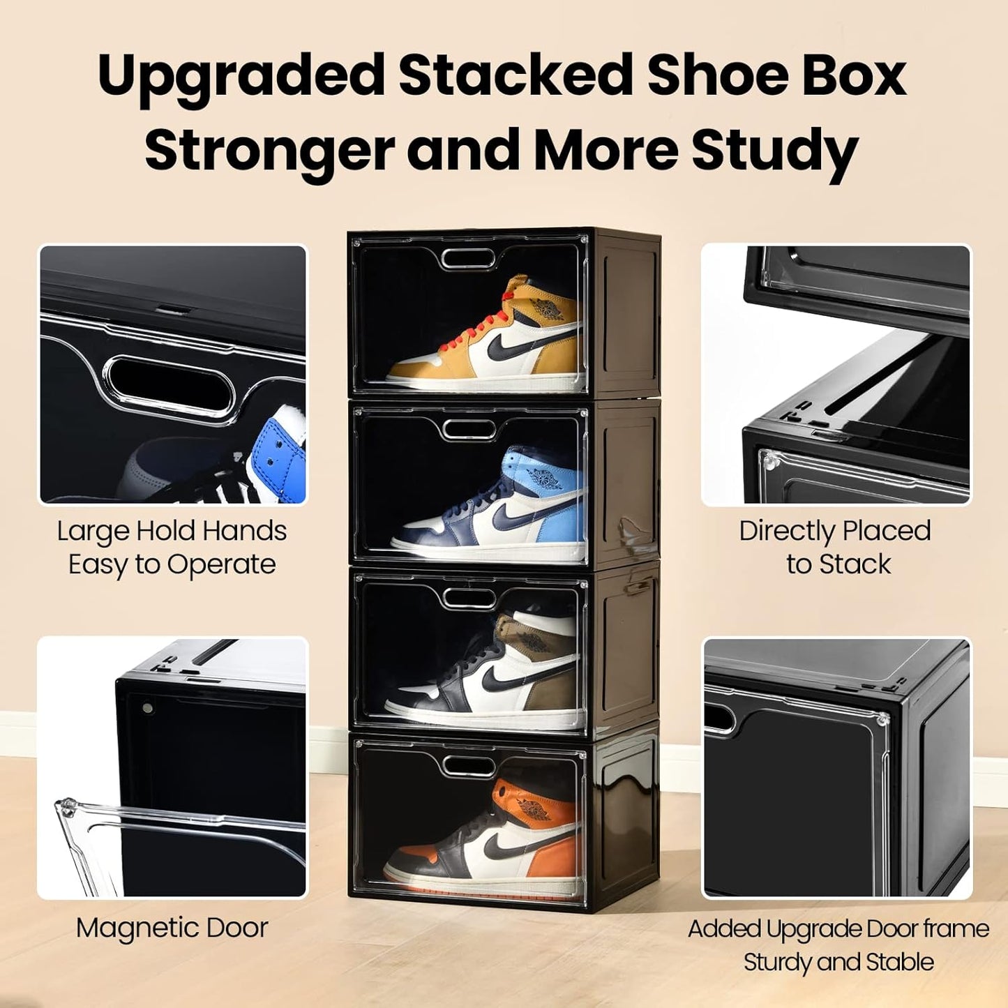 8 Pack Shoe Boxes Black Plastic Stackable, Large Shoe Storage Organizer,Drop Side Front Shoe Containers for Entryway,Sneaker Storage Fit up to US Size 13 for Men/Women(13’’x 10.6”x 8.3”)