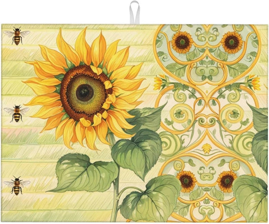 Sunflower Bee Dish Drying Mat Highly Absorbent Double-Sided Microfiber with Hanging Loop Reversible Drain Dish Rack Mat Drain Mat Suitable for Kitchen Countertop Coffee Bar 18 x 24 Inch