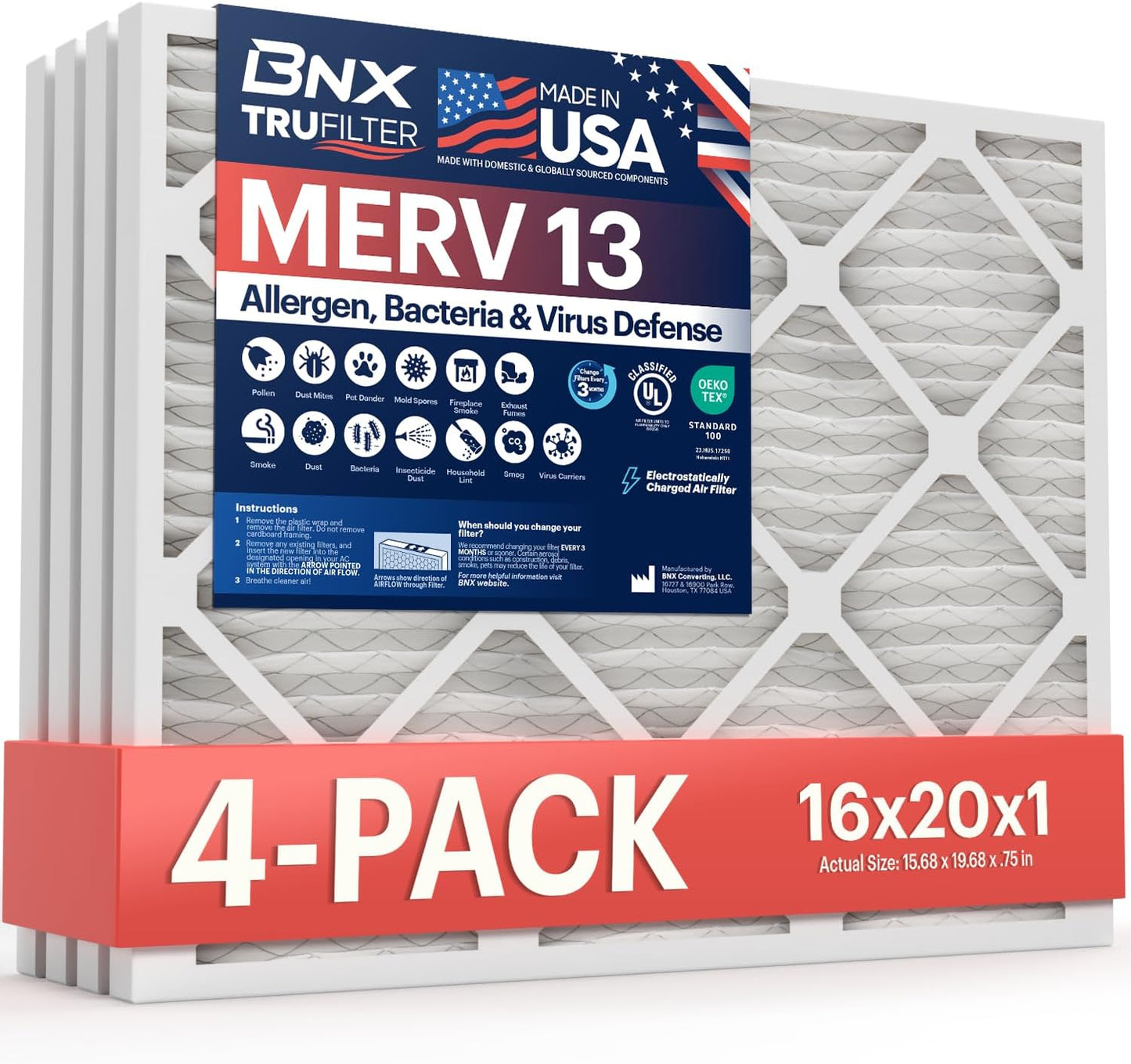 BNX TruFilter 16x20x1 Air Filter MERV 13 (4-Pack) - MADE IN USA - Electrostatic Pleated Air Conditioner HVAC AC Furnace Filters for Allergies, Pollen, Mold, Bacteria, Smoke, Allergen, MPR 1900 FPR 10