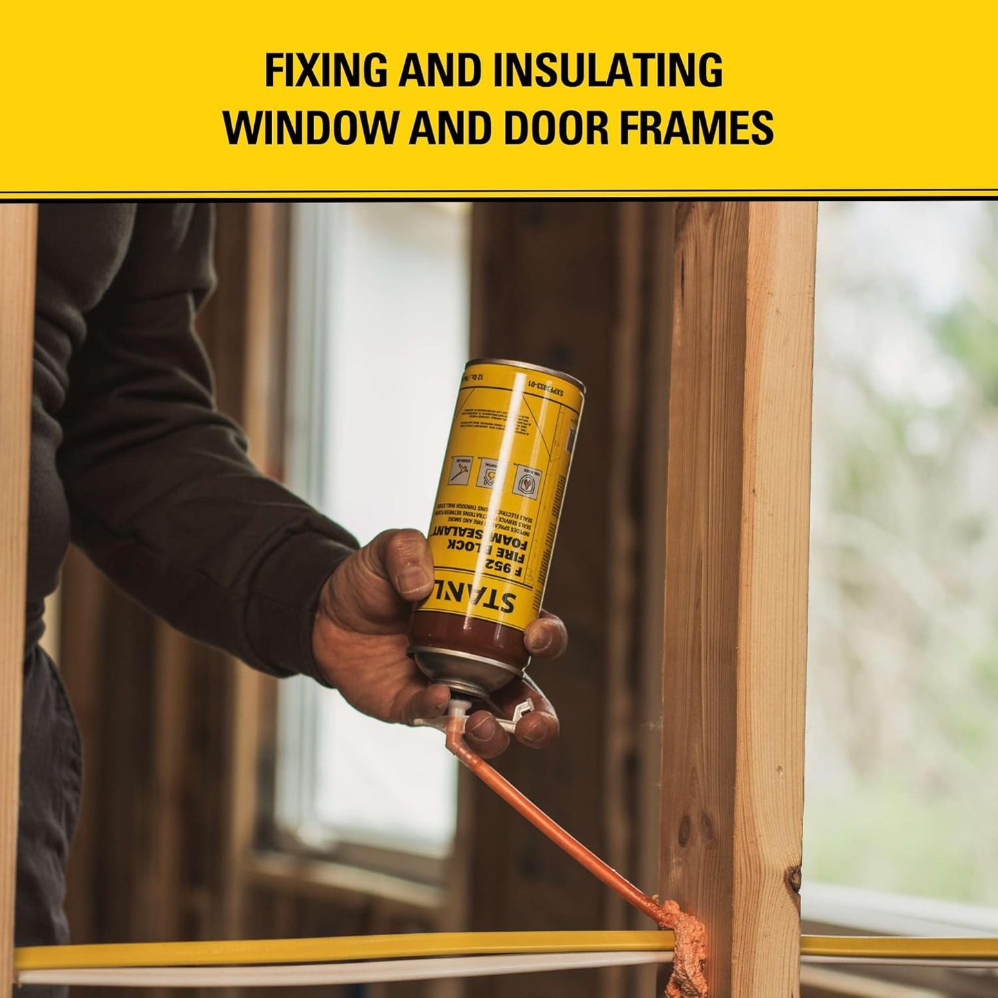 Stanley F952 Fire Block Spray Foam – (2x12oz) Fire Rated Expanding Polyurethane Foam Sealant for Gap Filling & Sealing on Doors, Windows, Walls, Pipes & Joints – Indoor/Outdoor Straw Use | 2 Pack