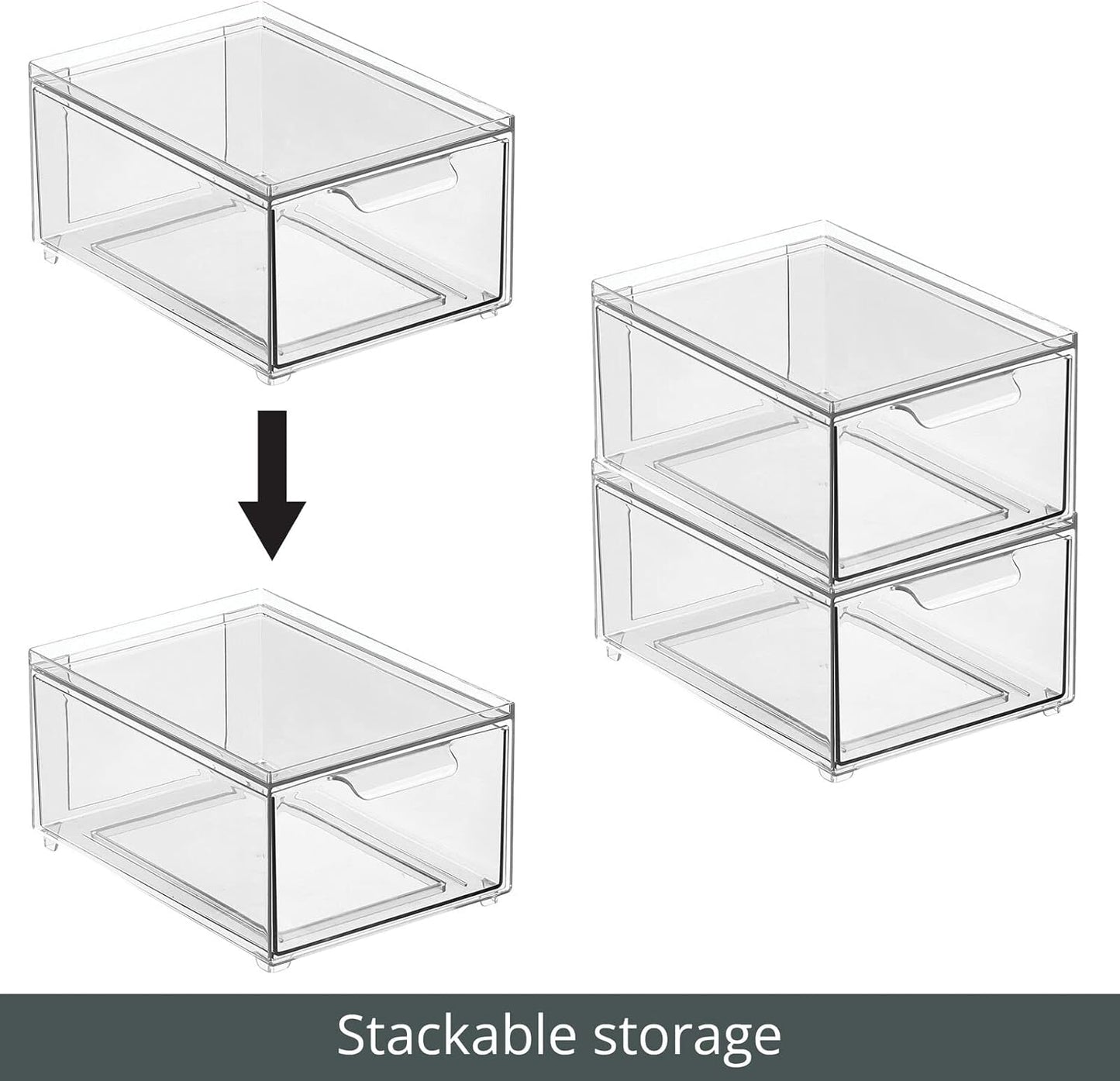 mDesign Stackable Storage Containers Box with Pull-Out Drawer - Stacking Plastic Drawers Bins for Kitchen Pantry and Cupboard, Cabinet, Counter, Island and Tables - Lumiere Collection - 4 Pack - Clear