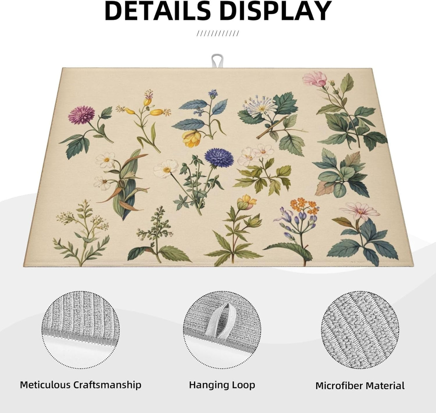Vintage Plants Herbs Floral Dish Drying Mat Highly Absorbent Double-Sided Microfiber with Hanging Loop Reversible Drain Dish Rack Mat Drain Mat Suitable for Kitchen Countertop Coffee Bar 18 x 24 Inch