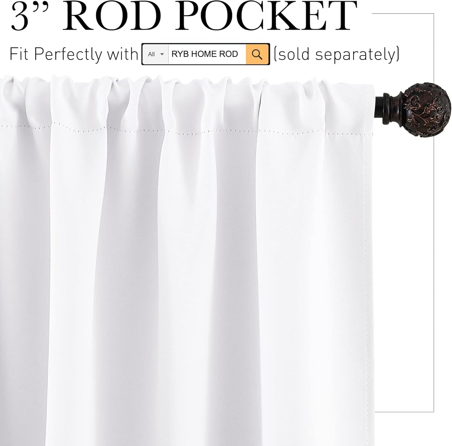 RYB HOME Room Darkening Curtains for Small Window Lower Portion Decor Energy Saving Drapes for Kitchen Bedroom Bathroom Downstairs Window RV Curtains, 42 x 36, Pure White, 2 Panels