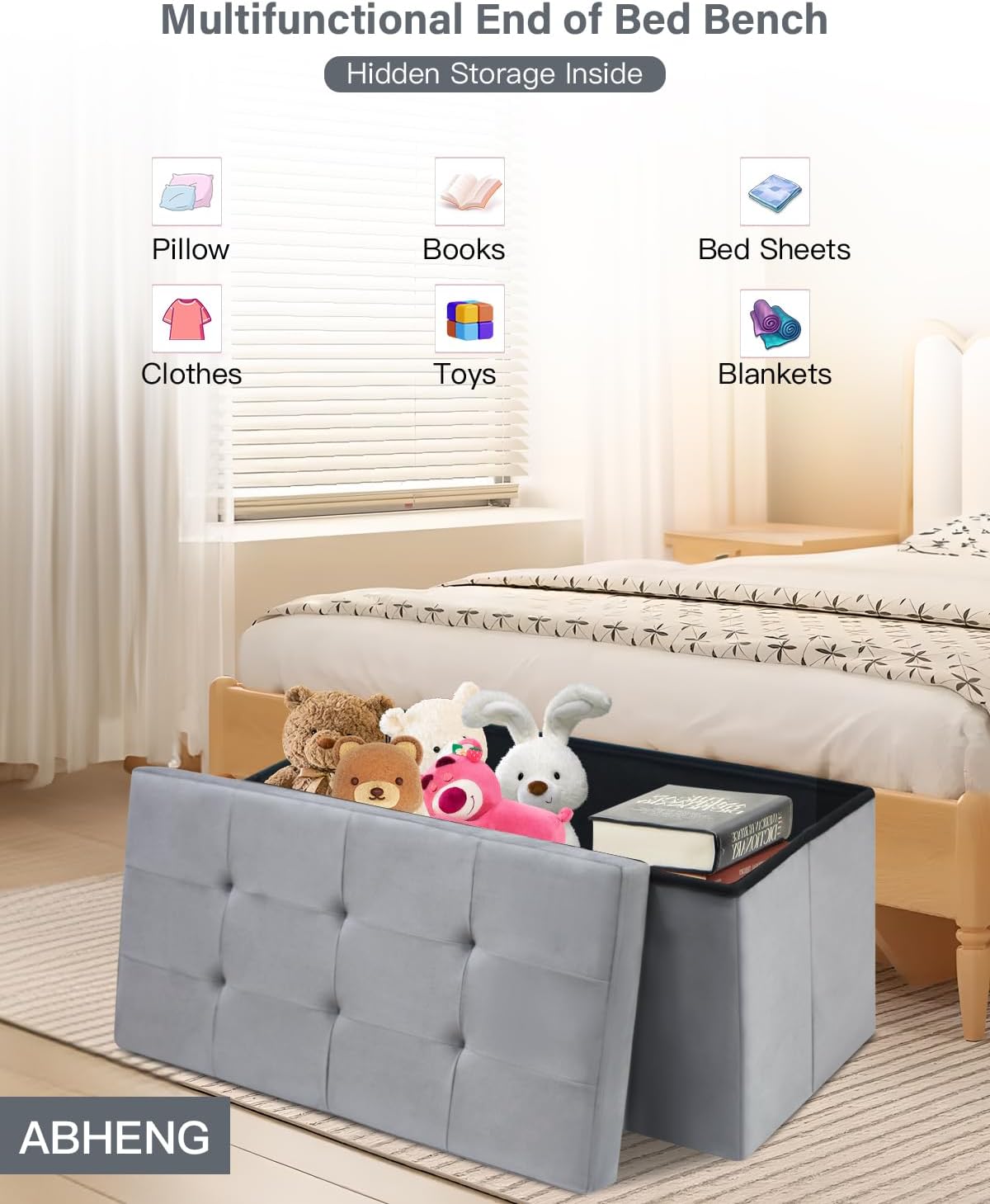 Folding Storage Ottoman, Velvet Storage Bench, Footrest, Removable Divider, for Living Room, Bedroom, 15 x 30 x 15 Inches, 660 lb Load Capacity, Dove Gray UASND01G