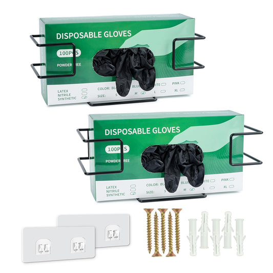 Glove Box Holder 2 Pack, Disposable Glove Dispenser Wall Mount, Metal Glove Rack Organizer for Rubber Latex Gloves Facial Tissue, Black