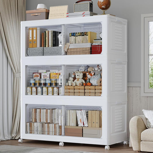 120GAL Extra Large Storage Bins with Lid, 480Qt Stackable Closet Organizers and Drawers, Collapsible Storage Bins with Wheels, Folding Storages Cabinet for Home Bedroom Office, 3Pack White
